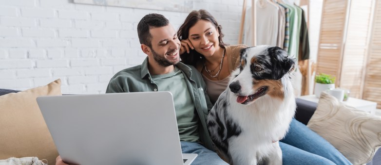 Ein Paar sitzt mit Laptop und Hund auf dem Sofa und informiert sich über die Null-Prozent-Finanzierung.